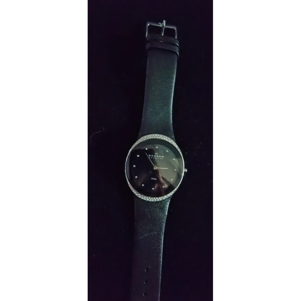 Skagen Denmark Women's Black Leather Band‎ Round Crystal Accent Watch